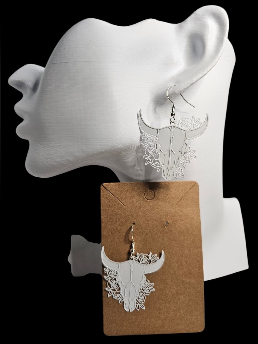 Silver Floral Bull Skull Dangle Earrings - NWOT